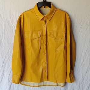 Coutgo Women's Vegan Leather Yellow Jacket Long Sleeves Suit Casual Size M